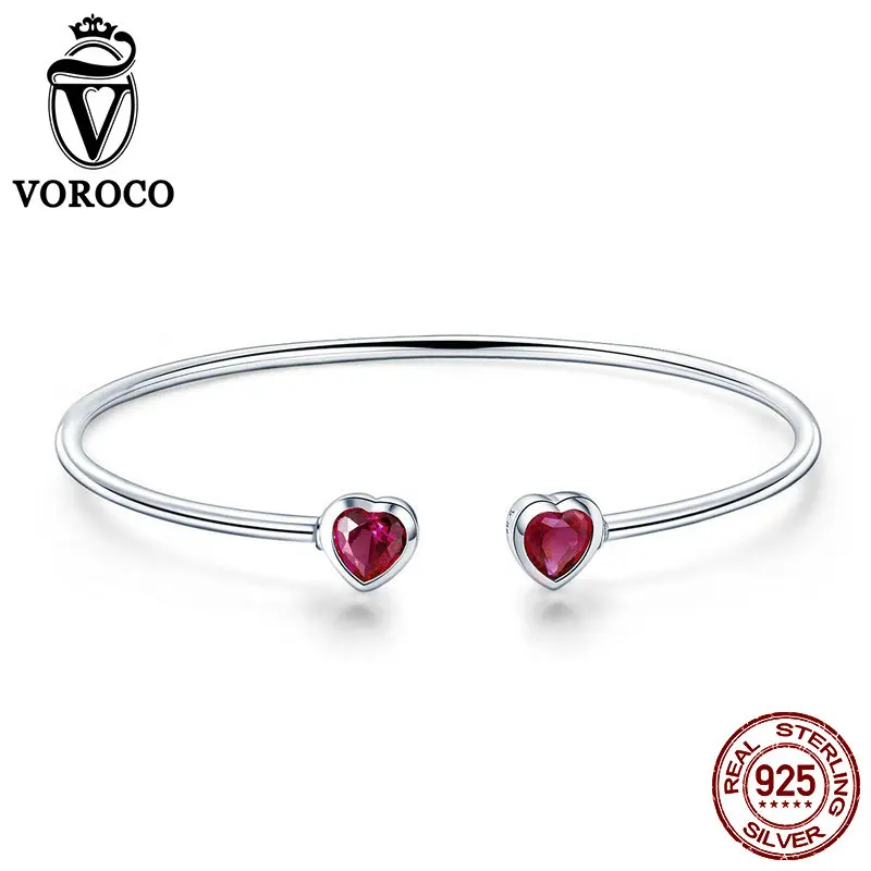 VOROCO New Fashion Elegant Women Bangle Genuine 925 Sterling Silver Bracelet Crystal Cuff Bling Lady Jewelry Wedding Gift BKB091