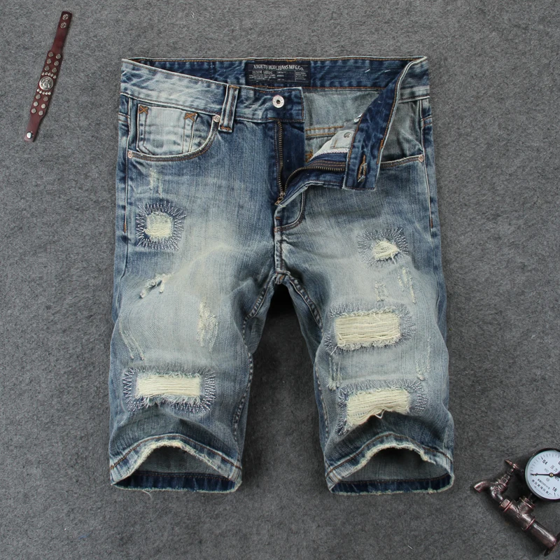 

High quality shorts jeans men blue denim moto jeans original brand shorts 29-38 men`s short jeans ripped knee length shorts 109