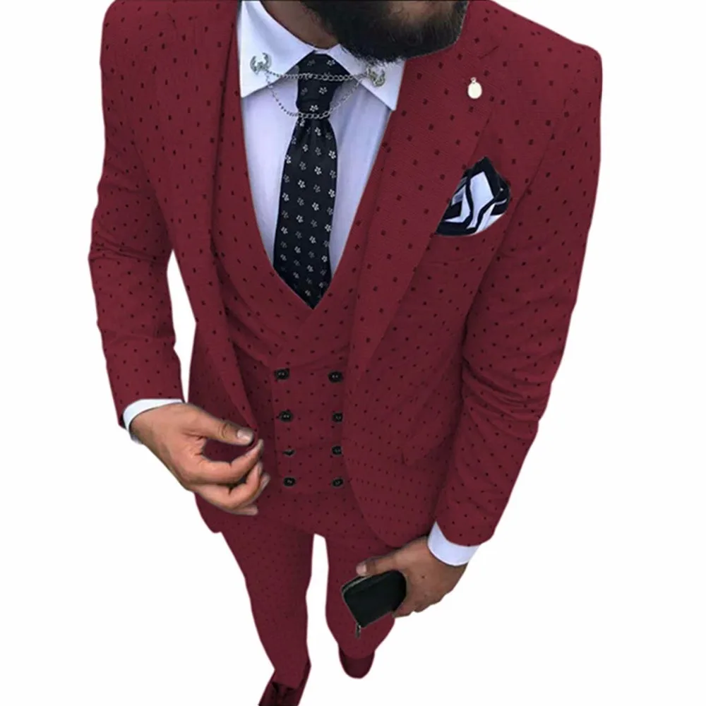 Мужской костюм Poika в горошек, 3 предмета, новейший дизайн пальто, брюки с отворотом, смокинги для женихов, мужские свадебные/вечерние(Блейзер+ жилет+ брюки