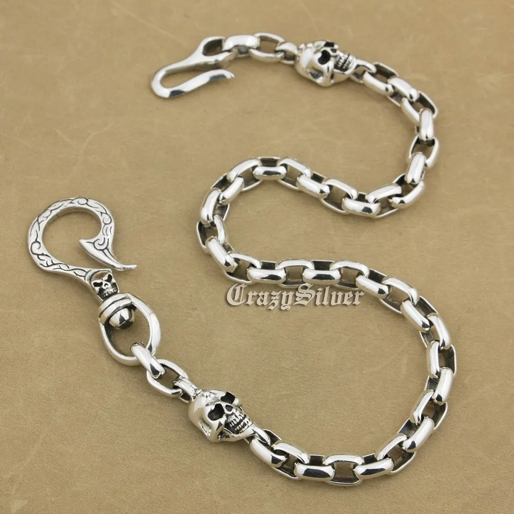 SKull Fish Hook 925 Sterling Silver Mens Biker Punk Wallet Chain