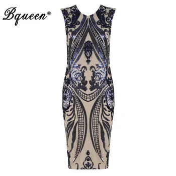 

Bqueen Fashion O Neck Sequined Knee Length Women Bandage Dress Elegant Sleeveless Print Bodycon Women Party Dress Vestidos 2019