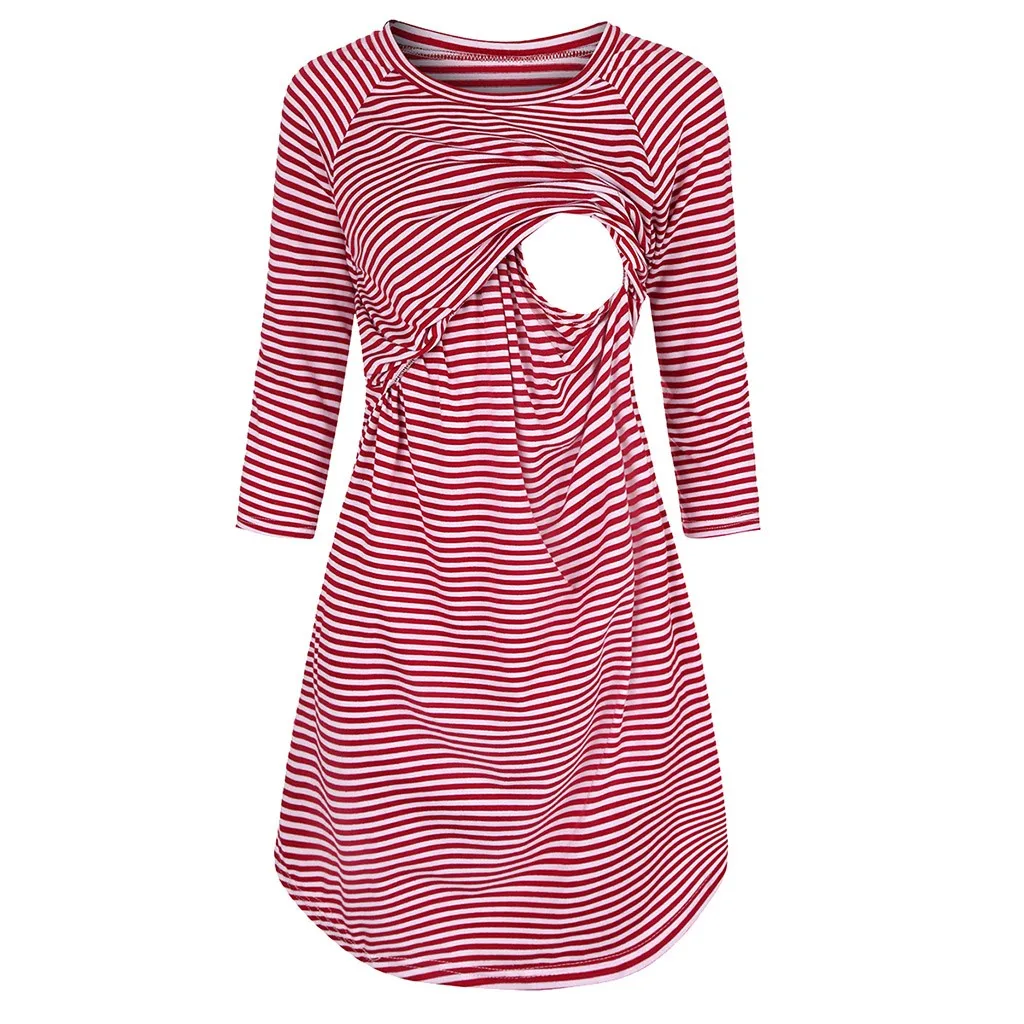 Home suit Women's Maternity Night Dress 3/4 Sleeve Striped Nursing Breastfeeding Cotton Sleepwear Dress Nightgown Home Wear#g4 - Цвет: Красный