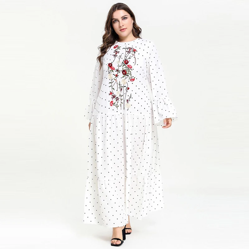 

2019 Women Muslim islamic Dress Embroidery Polka Dot Abaya Plus Size caftan marocain Long Dresses Long Sleeve Vestidos M- 4XL