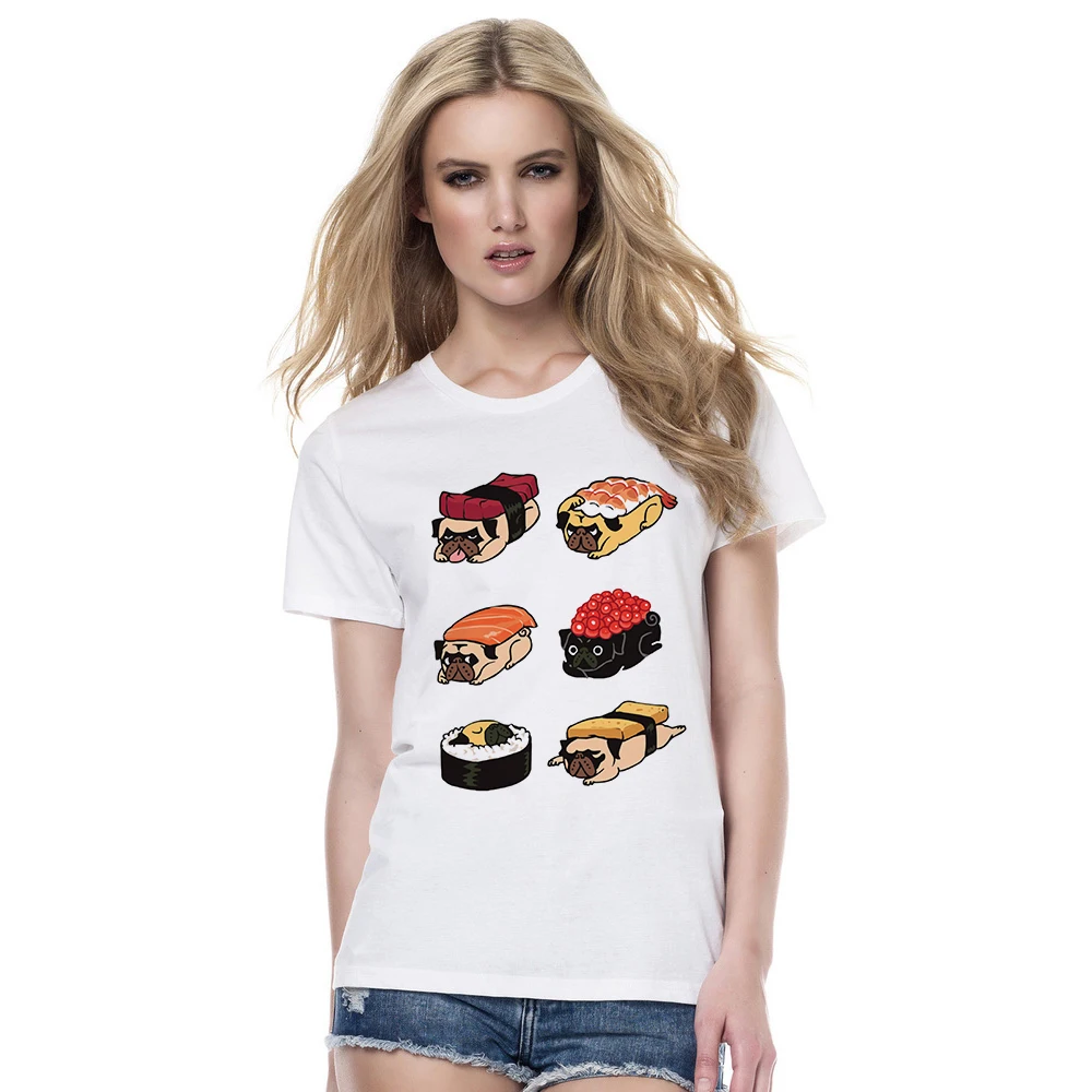

Funny Creative Sushi Pug Women T Shirts Cute Food Printed Lady Tops Summer Short Sleeve O-Neck Animal Foods T-shirt Cool Tee