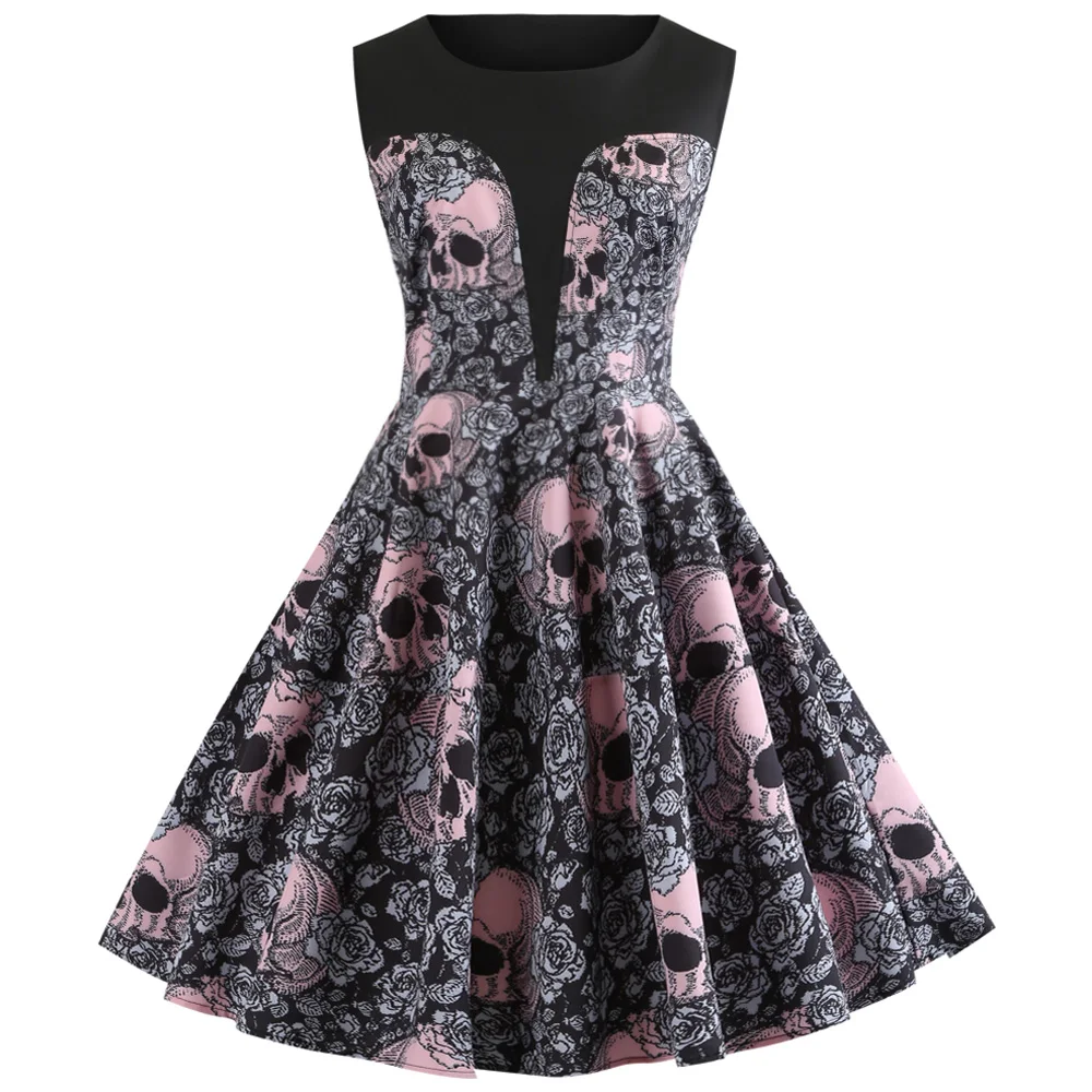 

Joineles Autumn Halloween Pink Skull Print Women Vintage Dress Round Neck Sleeveless Rockabilly Swing Retro Dress Party Vestidos