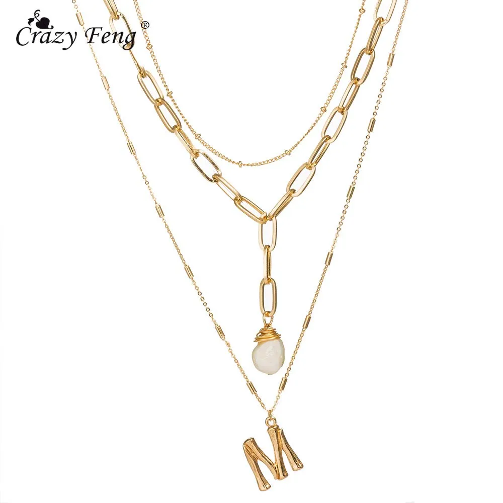 

2019 Boho Layers Shell Necklaces For Women Gold Color Simulated Pearl Long Letters Pendant Statement Necklaces Party Jewelry