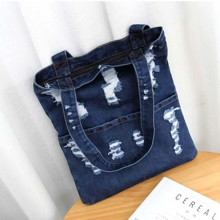 

Fashion Hole Denim Shoulder Bag High Capacity Tote vintage Casual Women's Bag Foldable Reusable Shopping Bags Summer Beach Bags