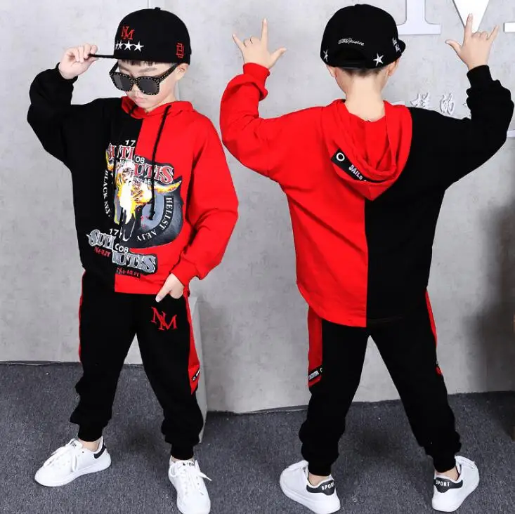 For 3-14 Years Kids 2 pieces Clothes Suits Children Cotton Clothing hiphop Streetwear Dance Set Sport Boys Girls Costumes - Цвет: Красный