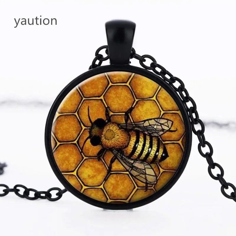 

Creative The Bees Pattern Necklace Glass Cabochon Pendant Fashion Jewelry Black Statement Necklace Chain Gift for Women
