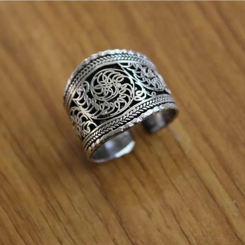 RG078 Tibetská stříbrná Vintage prsteny pro muže Palec prsten ručně vyráběné Nepál starožitný květ hedvábí otevřené zadní prsten nastavitelný prsten  t