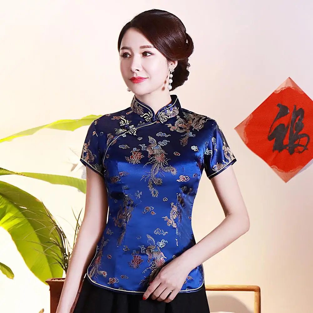 Большой размеры 3XL 4XL черные пикантные для женщин цветок атласная рубашка воротник стойка Традиционный китайский блузка элегантный тонкий летн - Цвет: Navy Blue Dragon