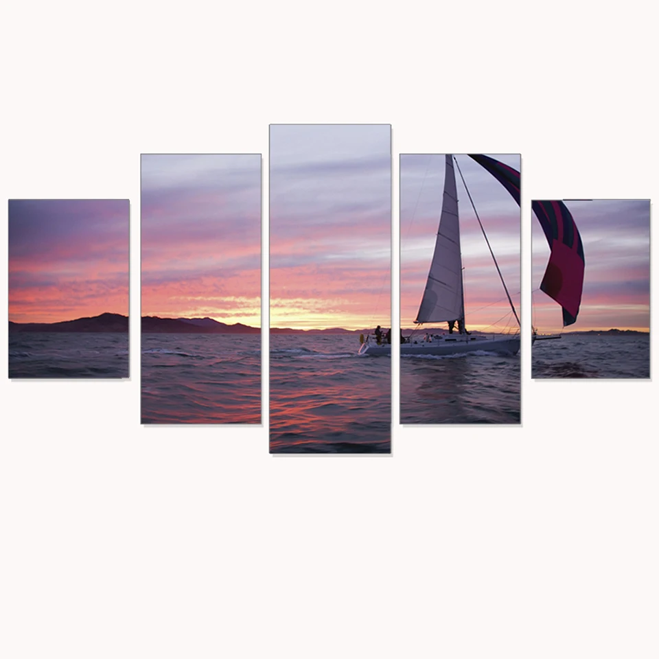

Modern Wall Art Pictures Frame Living Room 5 PiecePcs Sunset Ocean Sailboat View Home Decoration Posters HD Printed Painting