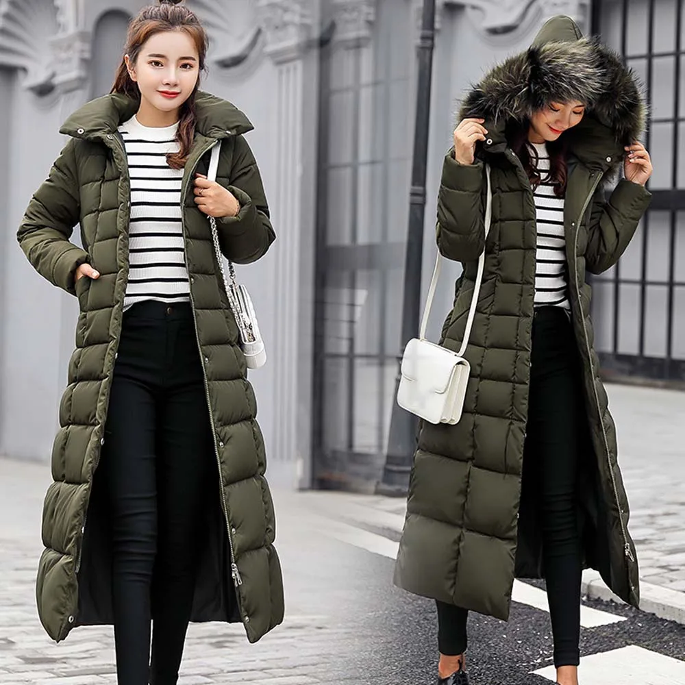 Winter Women Hooded Down Cotton Jacket Long Coat Warm Overcoat  Fur Collar Cloth