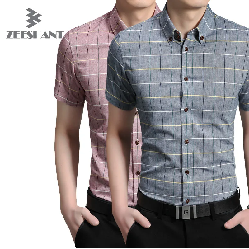 Brand Clothing Men Casual Short Sleeve Slim Button Up Plaid Check Shirt