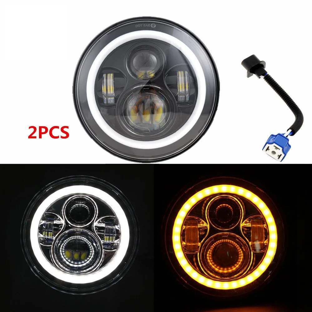 7'' Round Harley LED Headlight for Jeep CJ Wrangler JK LED Driving light with Halo ring Angel eyes DRL H4 to H13 Adapter