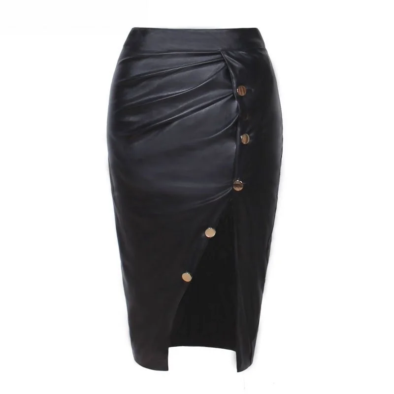 

HOT Green Bright Leather Skirt New Ladies Knee Length Evening Party Bodycon Leather Skirt side slit