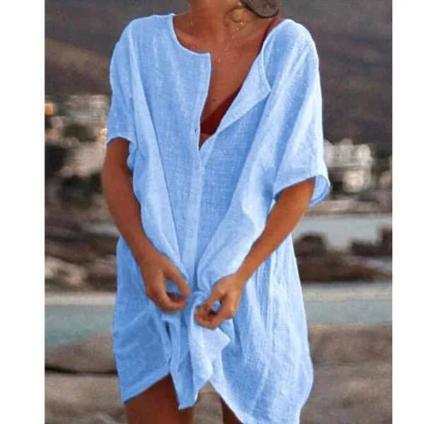 WEPBEL Женская мода лето короткий рукав длинные блузки повседневные свободные сплошной цвет размера плюс пляжная одежда накидка короткая льняная блузка