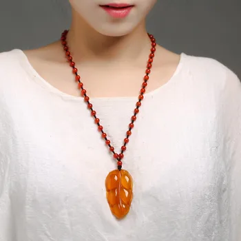 

Ice seed chalcedony agate natural jade national wind leaf necklace long autumn and winter wild pendant sweater chain pendant