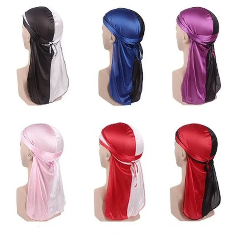 

2019 Fashion Men's Patchwork Durags Double Colors Soft Satin Durag Bandanas Turban Headwear Headband Hat Hair Accessories