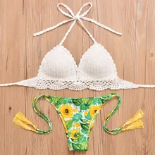 Sexy Crochet bikinis Women Bikini 2017 Swimsuit Low Waist Bathing Suit Push Up Swimming Suit Beach Swimwear Set Tassel Green