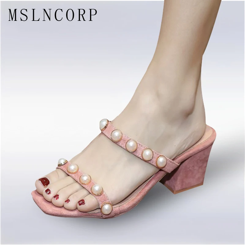 

size 34-43 Fashion Women Summer Beach Slippers Woman Beading Pearl slip on peep toe Sexy Party Sandals chunky high heel Shoes