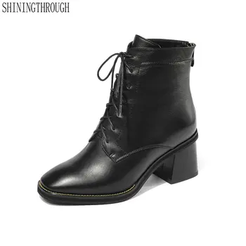 

Genuine Leather Women Ankle Zipper Boots Square Toe High Heel Women Shoes Pring Autumn Fashion Cross-tied Party Shoes