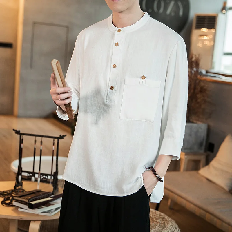 

#0330 Spring Summer Cotton Linen T Shirt Three Quarter Sleeve Front Buttons Casual Retro T-shirt Side Split Plus Size 5XL Loose