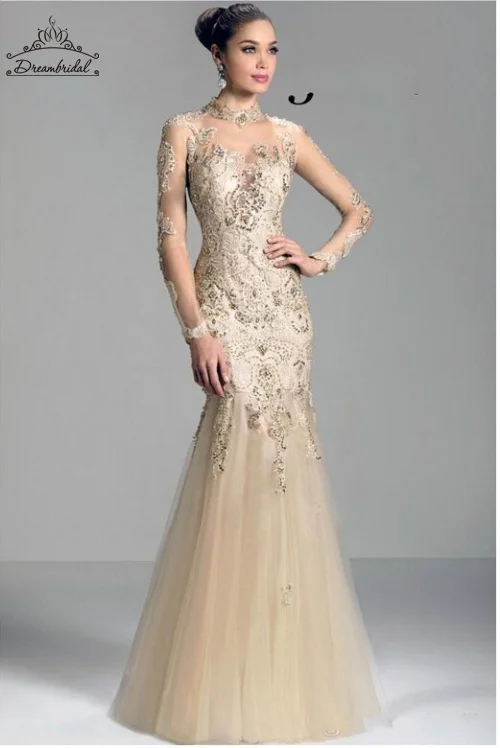 Mermaid Evening Dresses Appliques Beading Floor Length Tulle Zipper Hollow Long Sleeve Formal Prom Pagent Gowns Custom Made | Свадьбы и