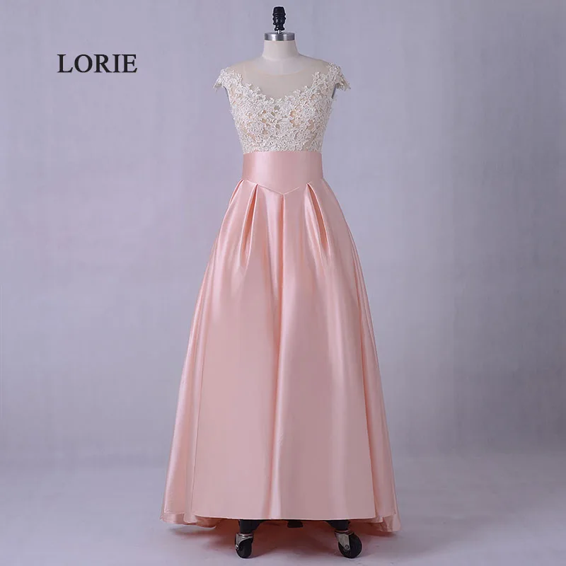 

LORIE Nude Pink Prom dresses 2017 O-Neck A-Line Satin Appliques Long Plus Size Evening Dress Cap Sleeve Wedding Party Gown 2017