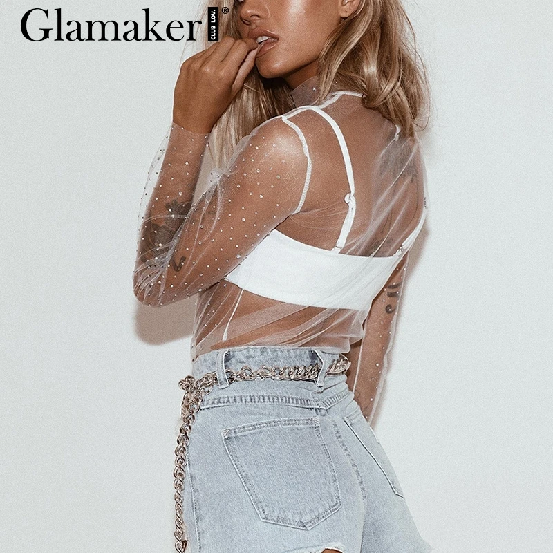 Glamaker, сексуальная сетчатая белая блузка, женская рубашка с длинным рукавом, прозрачная водолазка, блузка, летние женские вечерние, элегантные черные футболки