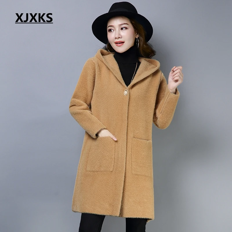 

XJXKS Autumn Winter Long Coat Women Wool Coat Hoody Long Sleeve Woolen Blend Outerwear With Pocket Solid Womens Coats