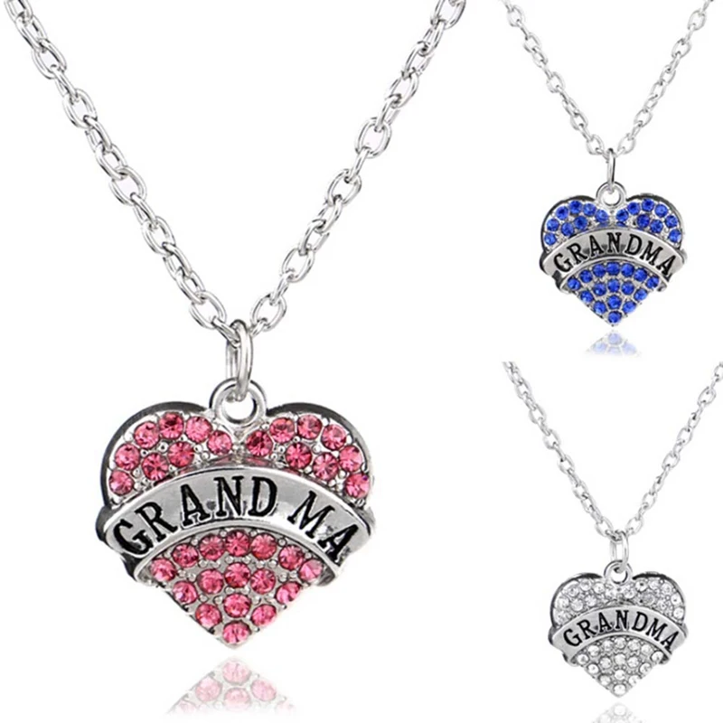 Family Member Jewelry Three Color With Rhinestone Heart Shaped GRANDMA Pendant Choker Long 