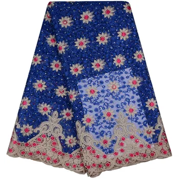 

2017 Royal Blue Fashion Designs Nigerian French Tulle Lace Fabric Embroidered African Mesh French Lace Fabric With Stones 801