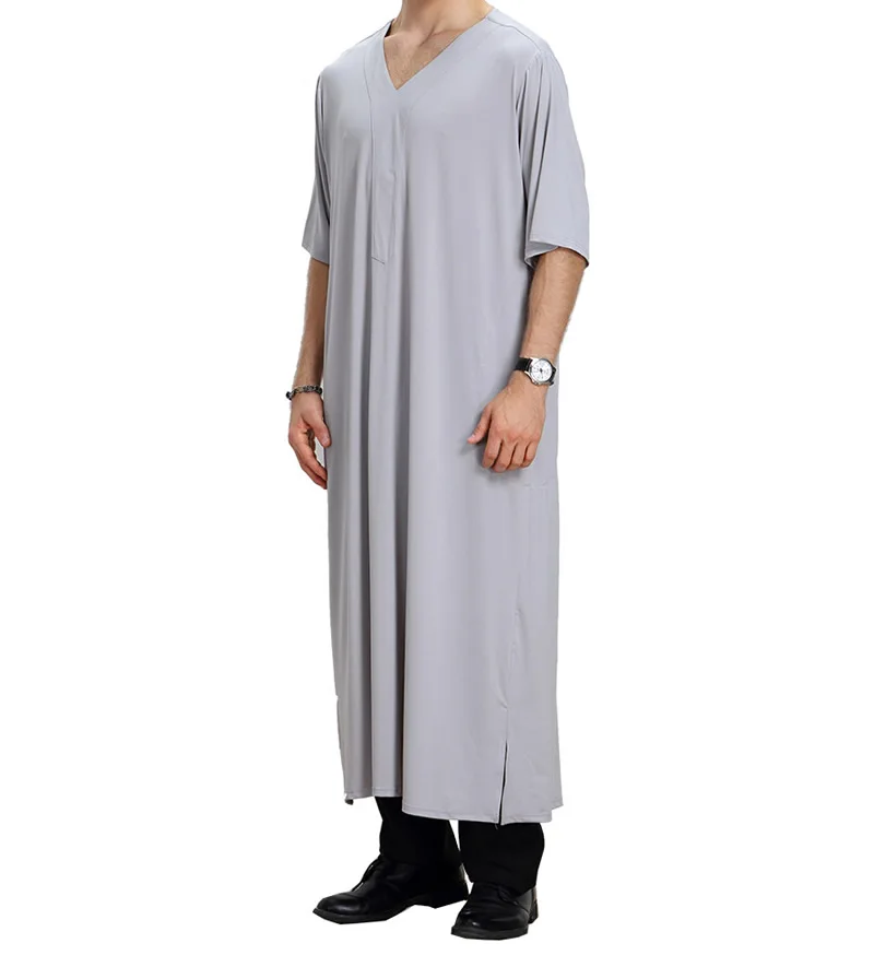 Винтажное мусульманское платье с v-образным вырезом Men'S Дубай abaya Белый Серый халат с коротким рукавом сексуальные повседневные свободные