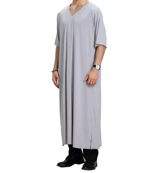 

Vintage V Neck Muslim Dress Men'S Dubai Abaya White Grey Robe Short Sleeve Sexy Casual Loose Maxi Male Dresses Clothes Grey