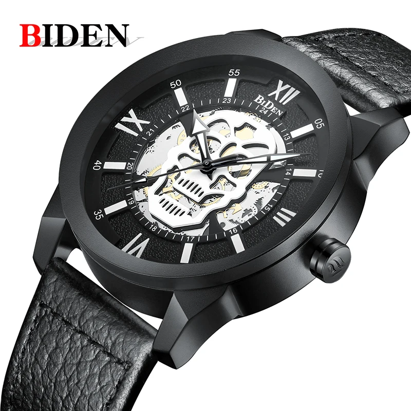 

BIDEN Men watch Top Brand luxury Waterproof Analog Military Watch Fashion skull leather Quartz Wrist watch men Relogio Masculino
