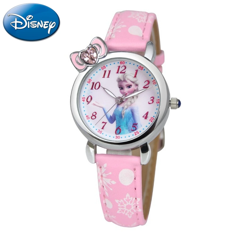 

Disney Frozen Elsa Princess Cute Girls Bowknot Snowflake Leather Quartz watch Pretty student Kids Cartoon Clock Children Gift