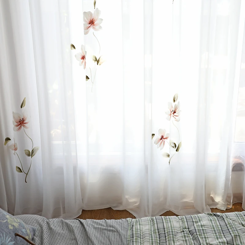 Online Cortinas de tul de loto pintadas a mano para sala de estar suave pintura francesa tul de estilo para dormitorio y cocina personalizado