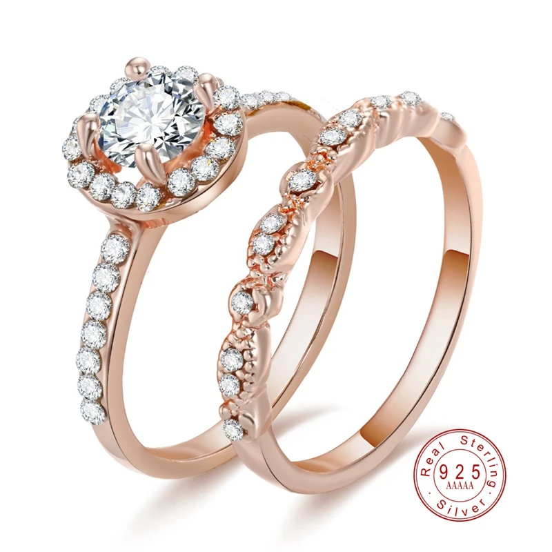 

Luxury 925 Sterling Silver Rings for Women 2 Pcs/Set Crystal Ring Jewelry Rose Gold Color Wedding Rings Engagement Wedding Ring