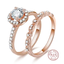 Luxury 925 Sterling Silver Rings for Women 2 Pcs/Set Crystal Ring Jewelry Rose Gold Color Wedding Rings Engagement Wedding Ring