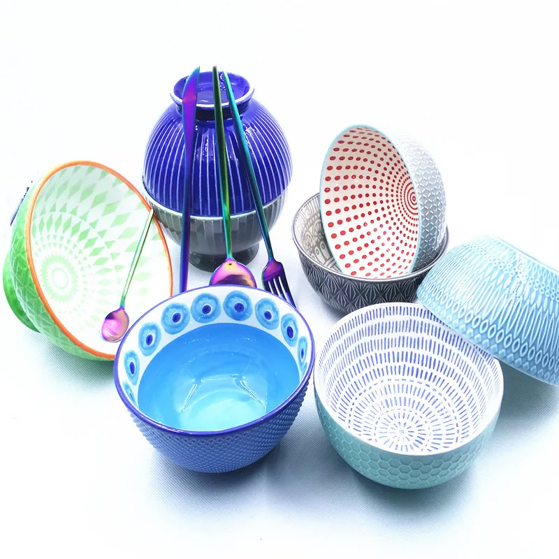 

Ceramic Rice Bowl Food Tray Soup Bowl Cutlery Box Relievo Hand-Painted Salad Food Container Fast Big Dinnerware Tableware 1pcs