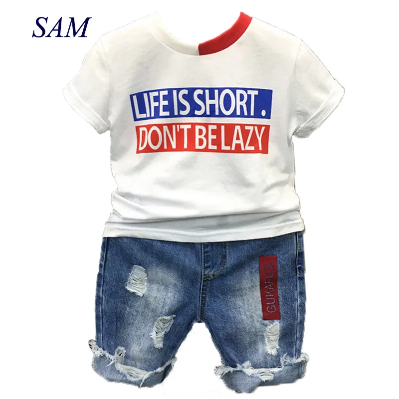 2018 boys fashion clothing sets summer children's short letter shirt + cowboy pants 2 pcs suit kids colorblock collar clothes цена 2018 boys fashion clothing sets summer children's short letter shirt + cowboy pants 2 pcs suit kids colorblock collar clothes цены онлайн
