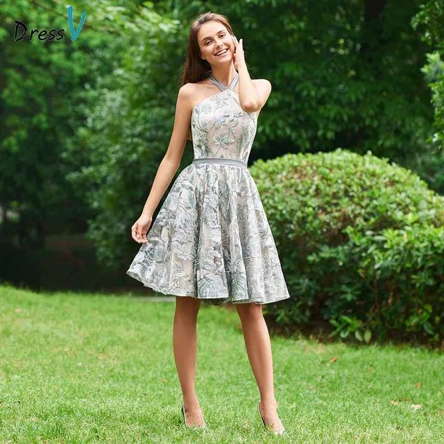 Dressv grey cocktail dress elegant backless lace halter neck sleeveless