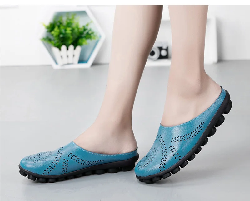 Women Flats Breathable Summer Genuine Leather Shoes Women Casual Slip On Loafers Plus Size 44 Mocassin Femme Nurse Flat Shoes