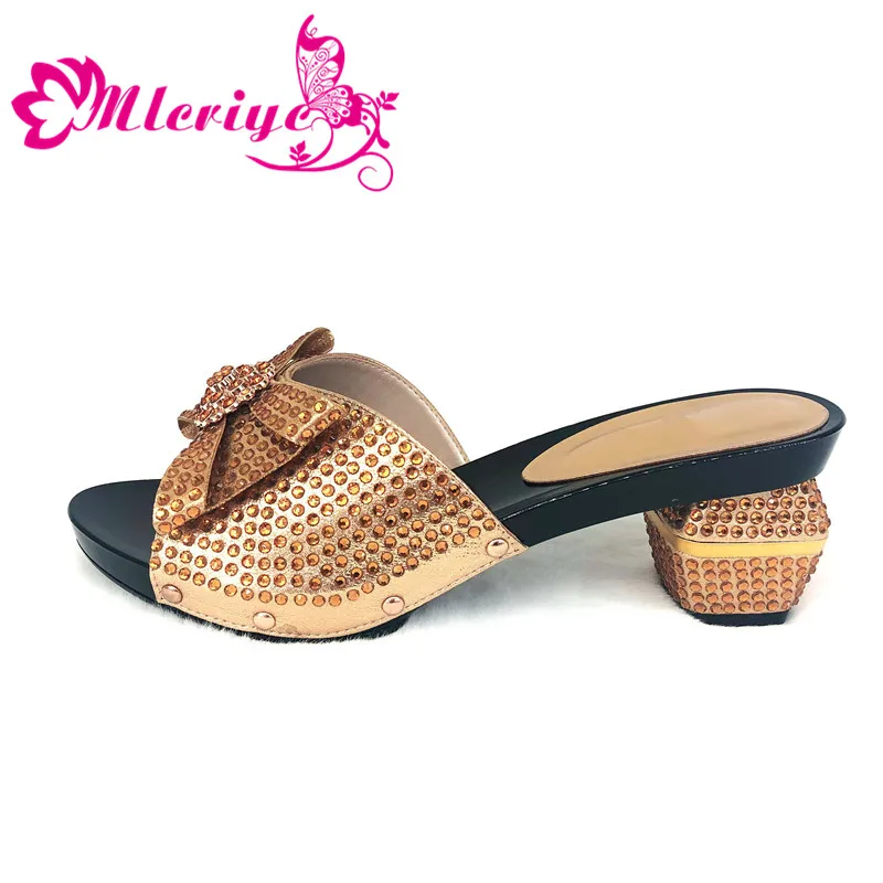

goldLuxury Sandals Women Low Heel Shoes for Nigerian Party African Wedding Slip on Shoes for Women High Quality Square Toe Shoes