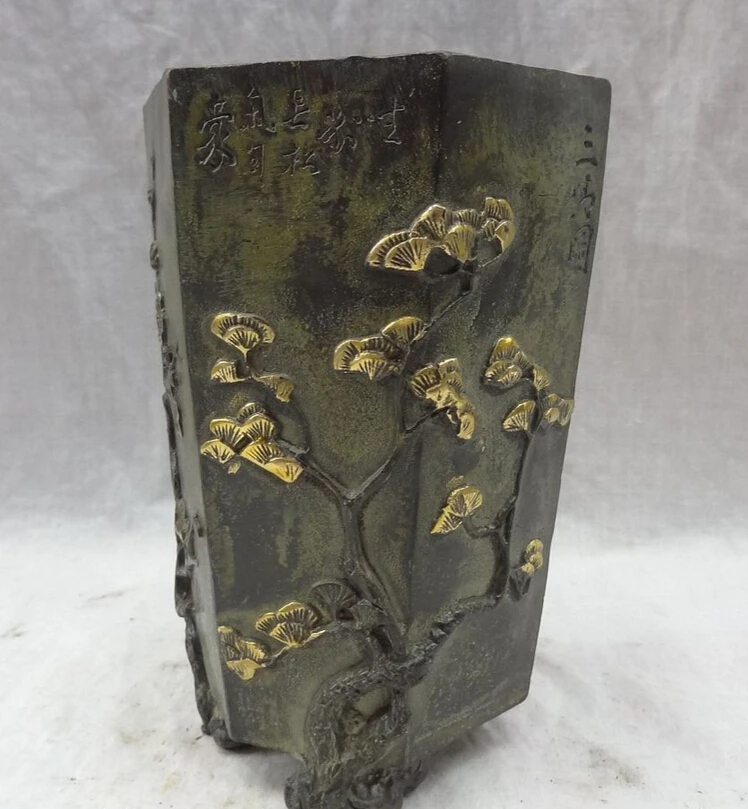 

song voge gem S2654 China Bronze Gilt 3 Tree plum blossom Bamboo Statue Pencil Vase Brush Barrel Pot