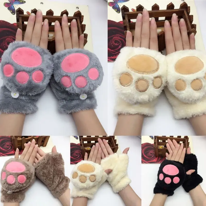 Зимние утолщенные плюшевые Милая кошачья лапа флип GlovesE без пальцев Кабриолет варежки запястье теплые с крышкой отверстие для большого пальца
