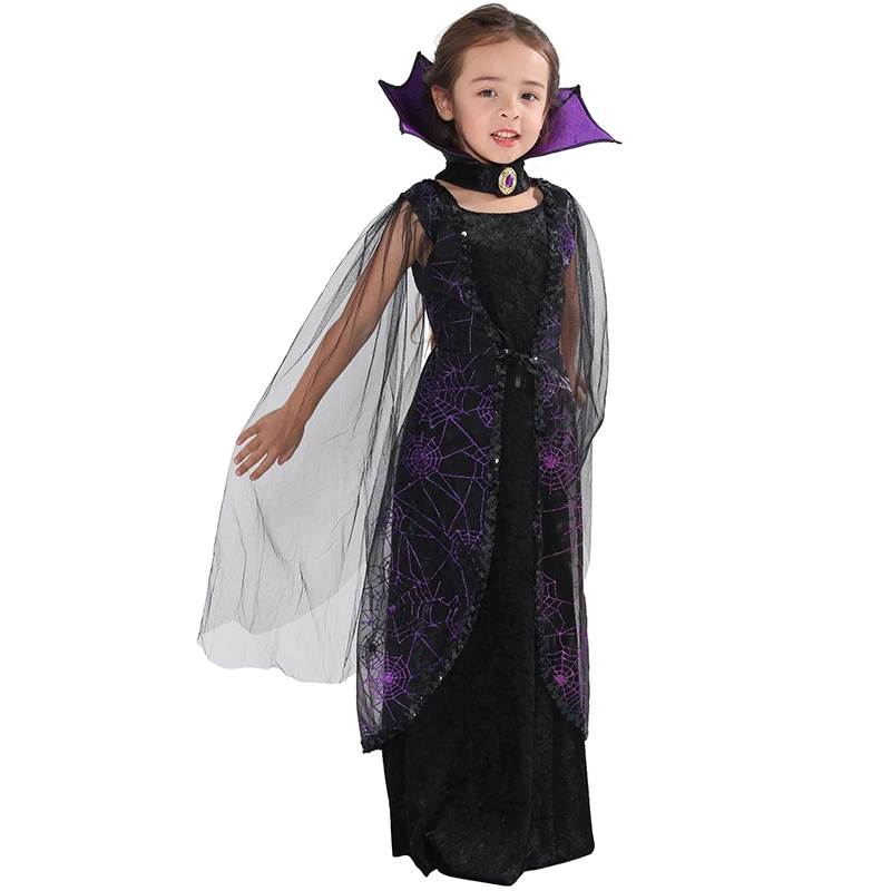 Koop Eraspooky 2018 Purple Spider Vampire Cosplay Meisjes Halloween kostuum voor kinderen Kant Cape Lange Jurk Carnaval Party Queen Kraag