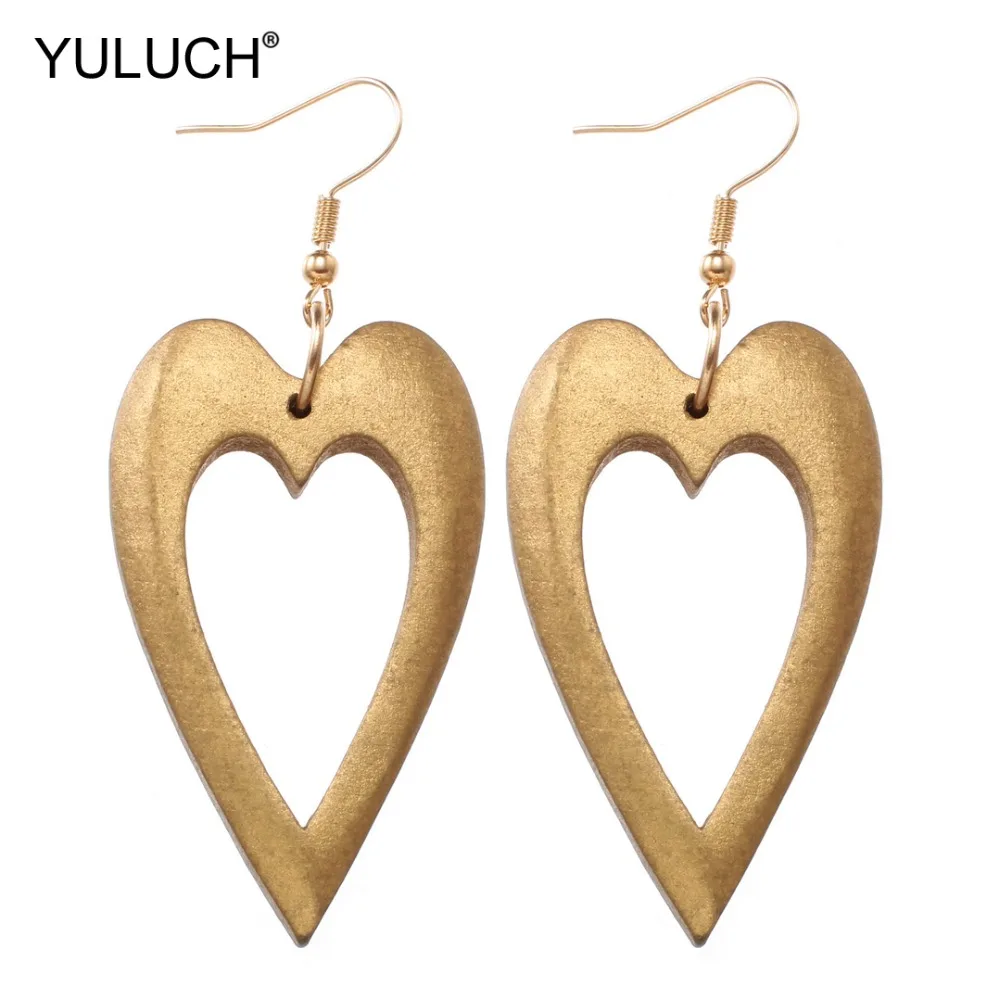 

YULUCH 2019 Wood Chip Hollow Gold Heart Pendant Fashion Drop Earrings Boho Female Earrings For Woman Party Jewelry Wholesale