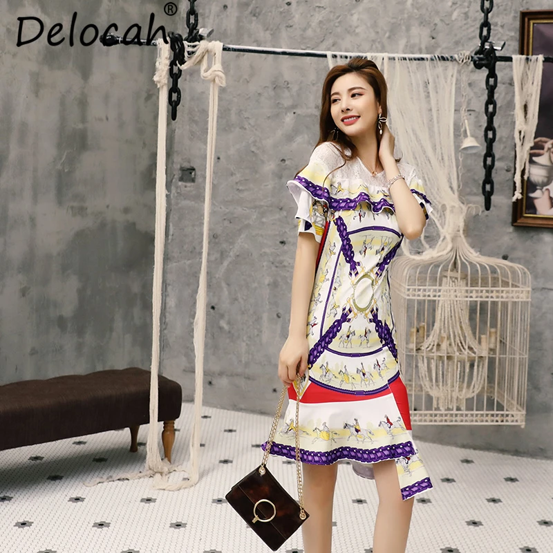 Delocah Women Spring Summer Vintage Dress Runway Fashion Designer Ruffles Sequined Horse Printed Elegant Mermaid Party Dresses